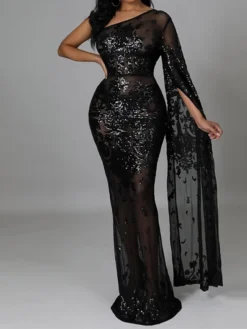 Women's Party Dress Sequin Dress Sheath Dress Long Dress Maxi Dress Black Gold Long Sleeve Floral Print Spring Fall Winter One Shoulder Fashion Party Winter Dress Evening Party Slim 2023 S M L XL XXL -Party Prom Dresses Sales Store xwjyhw1657190188228
