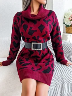 Women's Sweater Dress Jumper Dress Casual Dress Mini Dress Fashion Leopard Outdoor Daily Going Out Turtleneck Long Sleeve 2023 Loose Fit Black Wine Khaki S M L -Party Prom Dresses Sales Store xwuixz1694756292685