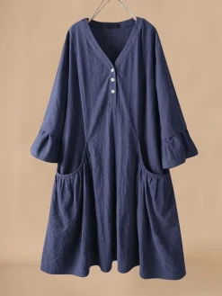 Women's Casual Dress Cotton Linen Dress Swing Dress Midi Dress Polyester Basic Classic Outdoor Daily Vacation V Neck Ruffle Button 3/4 Length Sleeve Spring Fall Autumn 2023 Loose Fit Pink Navy Blue