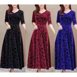 Women's Velvet Dress Homecoming Dress Empire Waist Dresses Long Dress Maxi Dress Black Wine Blue Long Sleeve Pure Color Ruched Spring Fall Winter V Neck Stylish Winter Dress Evening Party Wedding