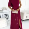 Women's Prom Dress Party Dress Wedding Guest Dress Long Dress Maxi Dress Red Half Sleeve Pure Color Split Fall Winter Autumn One Shoulder Fashion Evening Party Wedding Guest Vacation 2023 S M L XL