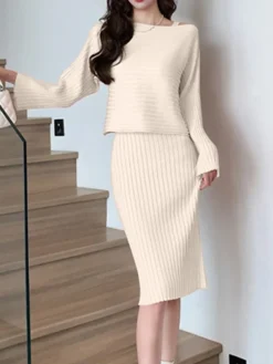 Women's Two Piece Dress Set Casual Dress Skirt Set Outdoor Daily Fashion Streetwear Ruched Midi Dress V Neck Long Sleeve Plain Slim Black Pink Green Fall Winter One-Size -Party Prom Dresses Sales Store xyifgw1693374471790