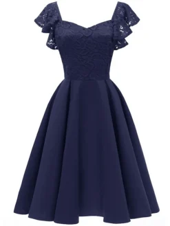Women‘s Party Dress Wedding Guest Dress Lace Dress Swing Dress Midi Dress Wine Navy Blue Short Sleeve Pure Color Lace Spring Summer V Neck Party Party Spring Dress 2022 S M L XL XXL