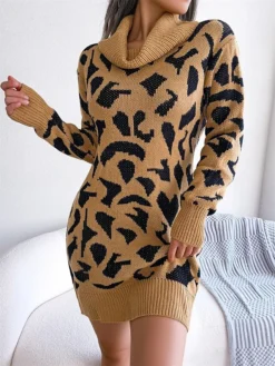 Women's Sweater Dress Jumper Dress Casual Dress Mini Dress Fashion Leopard Outdoor Daily Going Out Turtleneck Long Sleeve 2023 Loose Fit Black Wine Khaki S M L