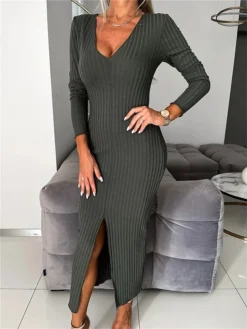 Women's Sweater Dress Jumper Dress Casual Dress Midi Dress Fashion Plain Outdoor Daily Vacation Going Out V Neck Long Sleeve 2023 Regular Fit Black Green Khaki S M L XL XXL -Party Prom Dresses Sales Store xywgjn1694427595017