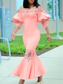 Women's Prom Dress Party Dress Work Dress Long Dress Maxi Dress Black White Pink 3/4 Length Sleeve Pure Color Lace Spring Fall Winter Off Shoulder Fashion Winter Dress Wedding Guest Evening Party 2023