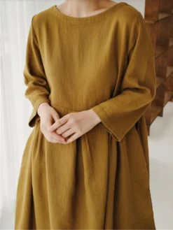 Women's Cotton Linen Dress Casual Dress Swing Dress Maxi Long Dress Cotton Blend Basic Classic Outdoor Daily Crew Neck Pocket Smocked Long Sleeve Summer Spring Fall 2023 Loose Fit Black Yellow Green -Party Prom Dresses Sales Store xzeqmn1673850082958