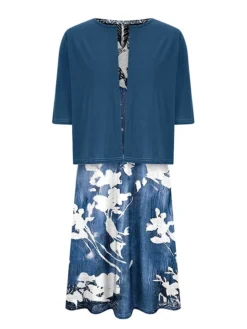 Women's Two Piece Dress Set Casual Dress Shift Dress Daily Going Out Fashion Casual Pocket Print Midi Dress V Neck 3/4 Length Sleeve Floral Loose Fit Navy Blue Royal Blue Dark Green Summer Spring S M -Party Prom Dresses Sales Store xzkymz1687327201119