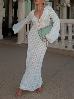 Women's Sweater Dress Winter Dress Jumper Dress Midi Dress Hollow Out Ribbed Outdoor Daily Date Active Fashion V Neck Long Sleeve 2023 Regular Fit White Green Color S M L Size -Party Prom Dresses Sales Store xzmcmz1692695942565