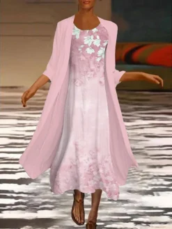 Women‘s Dress Set Two Piece Dress Midi Dress Green Blue Purple Pink White Long Sleeve Floral Ruched Print Summer Spring Fall Crew Neck Elegant Casual Classic 2023 S M L XL XXL 3XL / Summer Dress -Party Prom Dresses Sales Store xzmomm1645410285561