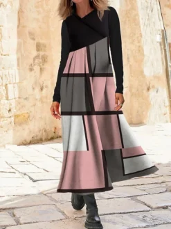 Women's Work Dress Casual Dress Swing Dress Fashion Winter Dress Daily Long Dress Maxi Dress Button Print V Neck Long Sleeve Geometric Plaid Regular Fit Pink Orange Green Fall Winter S M L XL XXL