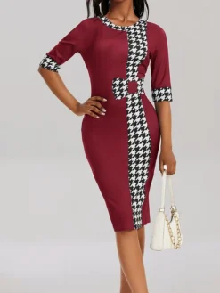 Women's Work Dress Sheath Dress Black Dress Fashion Office Daily Midi Dress Patchwork Print Crew Neck Half Sleeve Houndstooth Regular Fit Black Red Blue Fall Winter S M L XL XXL -Party Prom Dresses Sales Store xzsnai1694574590551