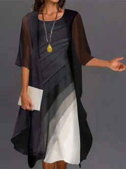 Women's Two Piece Dress Set Shift Dress Chiffon Dress Daily Going Out Casual Print Maxi Dress Crew Neck Half Sleeve Ombre Loose Fit Black White Gray Summer Spring M L XL XXL XXXL