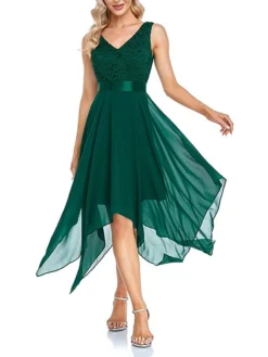 Women's Party Dress Lace Dress Cocktail Dress Midi Dress Black Green Sleeveless Pure Color Lace Fall Winter Autumn V Neck Fashion Vacation 2023 S M L XL XXL -Party Prom Dresses Sales Store yahcez1693535459504