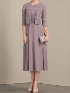 Women's Two Piece Dress Set Party Dress Lace Dress Party Outdoor Fashion Streetwear Lace Patchwork Midi Dress Crew Neck 3/4 Length Sleeve Plain Regular Fit Purple Fall Winter S M L XL XXL