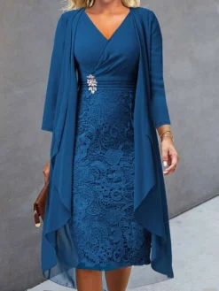 Women's Two Piece Dress Set Casual Dress Lace Dress Outdoor Daily Fashion Elegant Lace Patchwork Midi Dress V Neck Long Sleeve Plain Regular Fit Wine Blue Sky Blue Fall Winter S M L XL XXL -Party Prom Dresses Sales Store yaqcyr1694057201216