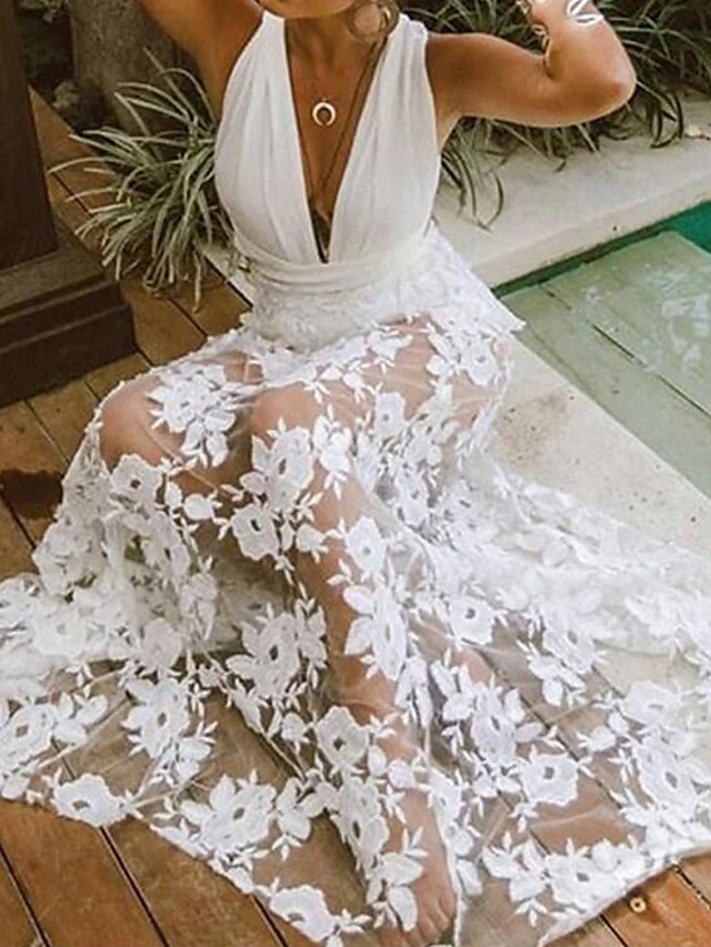 Women's Party Dress Lace Dress White Dress Long Dress Maxi Dress White Sleeveless Pure Color Lace Summer Spring V Neck Party Vacation Summer Dress Slim 2023 S M L XL 2 Women's Party Dress Lace Dress White Dress Long Dress Maxi Dress White Sleeveless Pure Color Lace Summer Spring V Neck Party Vacation Summer Dress Slim 2023 S M L XL - Image 2