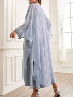 Women's Two Piece Dress Set Party Dress Sheath Dress Party Wedding Guest Fashion Party Embroidered Long Dress Maxi Dress Crew Neck Long Sleeve Print Regular Fit Gray Fall Winter S M L XL -Party Prom Dresses Sales Store yausid1695105967209