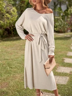 Women's Sweater Dress Winter Dress Jumper Dress Midi Dress Lace Up Split Outdoor Work Street Fashion Modern V Neck Long Sleeve 2023 Loose Fit Apricot Color S M L Size