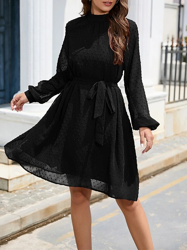 Women's Work Dress Chiffon Dress Black Dress Fashion Mini Dress Lace Up Ruched Crew Neck Long Sleeve Plain Loose Fit Black White Wine Fall Winter S M L XL XXL 7 Women's Work Dress Chiffon Dress Black Dress Fashion Mini Dress Lace Up Ruched Crew Neck Long Sleeve Plain Loose Fit Black White Wine Fall Winter S M L XL XXL - Image 7
