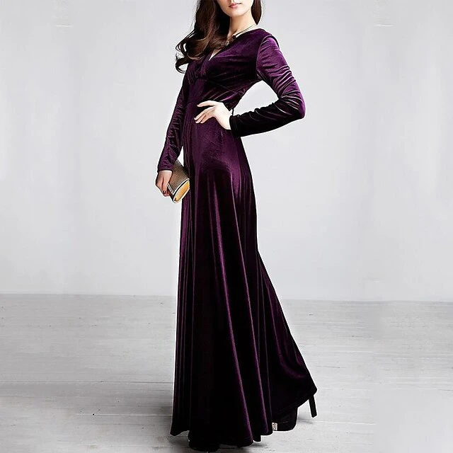 Women's Party Dress Velvet Dress Long Dress Maxi Dress Wine Black Purple Long Sleeve Pure Color Ruched Winter Fall Autumn V Neck Fashion Party Winter Dress Fall Dress 2023 S M L XL XXL XXXL 5 Women's Party Dress Velvet Dress Long Dress Maxi Dress Wine Black Purple Long Sleeve Pure Color Ruched Winter Fall Autumn V Neck Fashion Party Winter Dress Fall Dress 2023 S M L XL XXL XXXL - Image 5