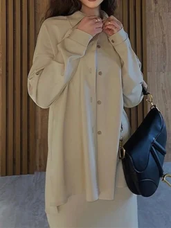 Women's Two Piece Dress Set Casual Dress Skirt Set Outdoor Daily Fashion Streetwear Button Pocket Long Dress Maxi Dress Shirt Collar Long Sleeve Plain Loose Fit Brown Green Beige Fall Winter S M L XL -Party Prom Dresses Sales Store ybxsxb1693534950389
