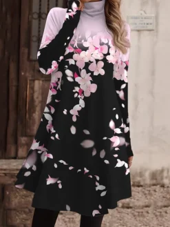 Women's Work Dress Casual Dress Fashion Winter Dress Daily Mini Dress Print Turtleneck Long Sleeve Floral Letter Regular Fit Light Pink Black Light Green Fall Winter S M L XL XXL -Party Prom Dresses Sales Store ybyywa1694156933444