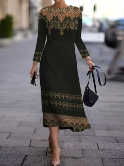Women's Work Dress Casual Dress Semi Formal Dress Fashion Winter Dress Daily Midi Dress Print Crew Neck Long Sleeve Floral Slim Dark Brown Black White Fall Winter S M L XL XXL -Party Prom Dresses Sales Store ycgbcp1694573980338
