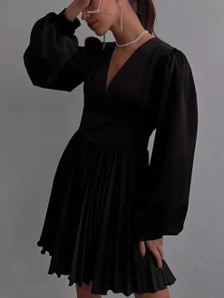 Women's Party Dress Satin Dress Swing Dress Mini Dress Claret Black Blue Long Sleeve Pure Color Pleated Fall Winter Autumn V Neck Stylish Party Winter Dress Birthday 2023 S M L XL 2XL -Party Prom Dresses Sales Store ycheon1666175473561