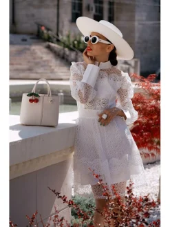 Women's Party Dress Lace Dress Homecoming Dress Mini Dress Black White Long Sleeve Pure Color Lace Summer Spring Fall Stand Collar Fashion Wedding Guest Birthday Vacation Slim 2023 S M L XL -Party Prom Dresses Sales Store ycipum1689148833626