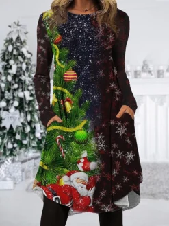Women's Christmas Work Dress Casual Dress Fashion Winter DressDaily Midi Dress Pocket Print Crew Neck Long Sleeve SnowmanTree Regular Fit Black Wine Red Fall Winter S M L XL XXL