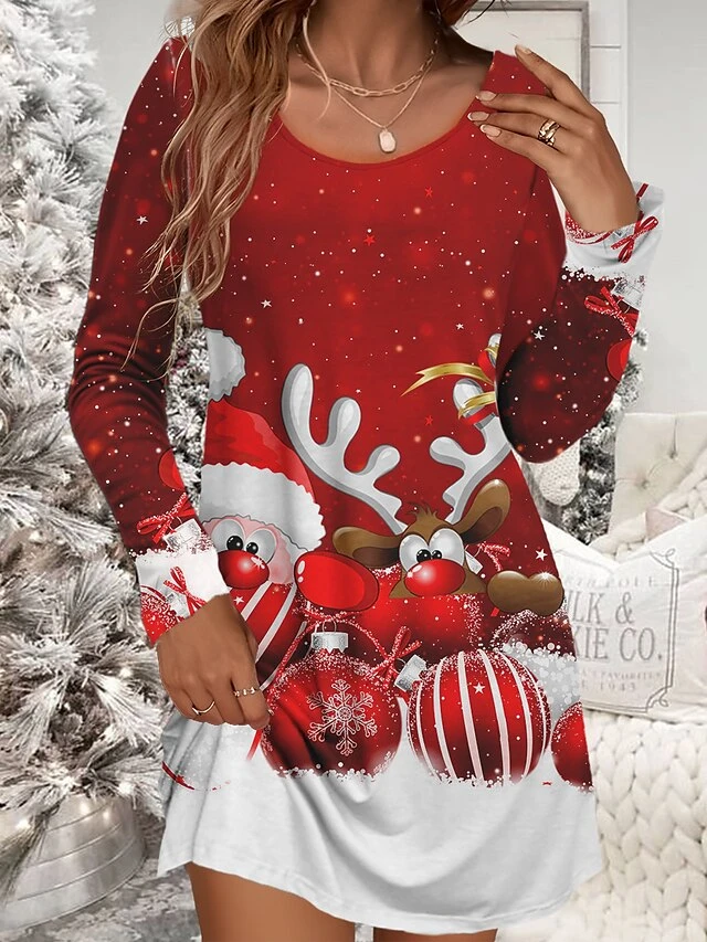 Women‘s Christmas Work Dress Casual Dress Fashion Winter Dress Daily Mini Dress Print Crew Neck Long Sleeve Santa Claus Elk Loose Fit Black Wine Red Fall Winter S M L XL XXL 1 Women‘s Christmas Work Dress Casual Dress Fashion Winter Dress Daily Mini Dress Print Crew Neck Long Sleeve Santa Claus Elk Loose Fit Black Wine Red Fall Winter S M L XL XXL