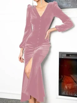 Women's Prom Dress Party Dress Velvet Dress Long Dress Maxi Dress Black Pink Wine Long Sleeve Pure Color Button Fall Winter Autumn V Neck Fashion Winter Dress Birthday Evening Party 2023 S M L XL XXL -Party Prom Dresses Sales Store ydxkqk1693535341760