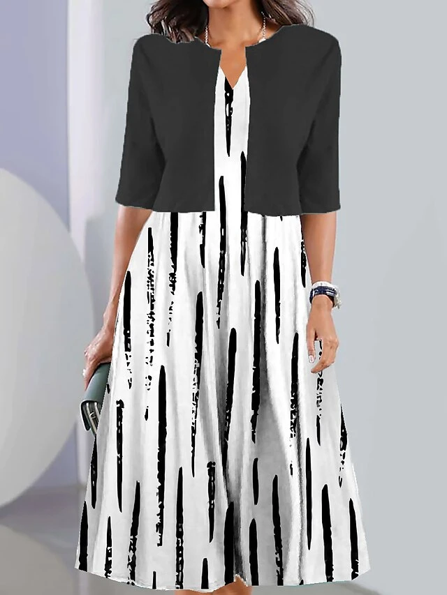 Women's Two Piece Dress Set Casual Dress Print Dress Outdoor Daily Fashion Elegant Print Midi Dress V Neck Half Sleeve Geometric Color Block Regular Fit Black White Navy Blue Summer Spring S M L XL 1 Women's Two Piece Dress Set Casual Dress Print Dress Outdoor Daily Fashion Elegant Print Midi Dress V Neck Half Sleeve Geometric Color Block Regular Fit Black White Navy Blue Summer Spring S M L XL
