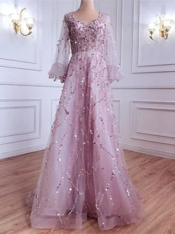 Women‘s Prom Dress Party Dress Sequin Dress Long Dress Maxi Dress Pink Gold Green Long Sleeve Pure Color Sparkly Glitter Sequins Spring Fall Winter V Neck Fashion Winter Dress Wedding Guest -Party Prom Dresses Sales Store yehhws1693897496568