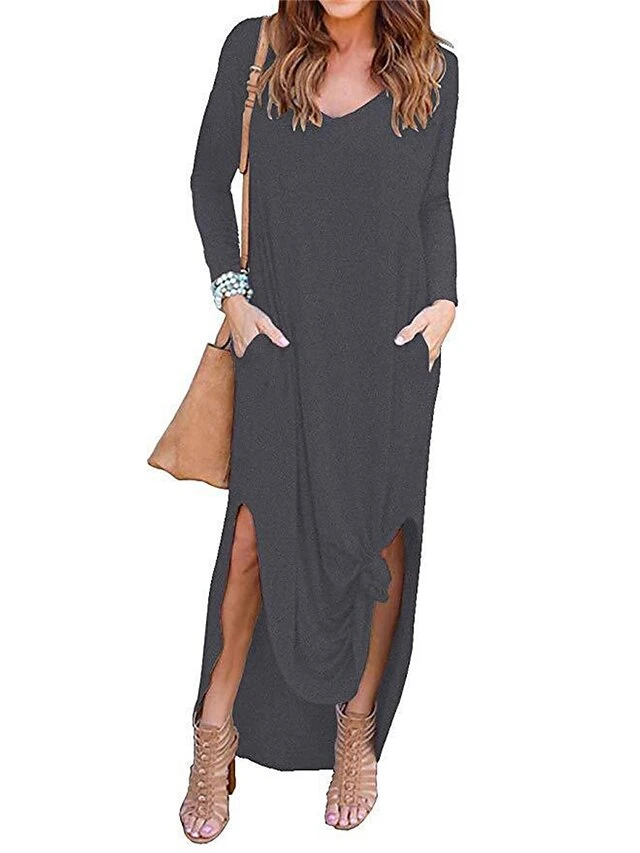 Women's Work Dress Semi Formal Dress Fashion Long Dress Maxi Dress Split Asymmetrical V Neck Long Sleeve Plain Regular Fit Wine Purple Army Green Fall Winter S M L XL XXL 5 Women's Work Dress Semi Formal Dress Fashion Long Dress Maxi Dress Split Asymmetrical V Neck Long Sleeve Plain Regular Fit Wine Purple Army Green Fall Winter S M L XL XXL - Image 5