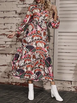 Women's Work Dress Swing Dress Semi Formal Dress Fashion Long Dress Maxi Dress Button Print Shirt Collar Long Sleeve Geometric Color Block Loose Fit Red Fall Winter S M L XL XXL -Party Prom Dresses Sales Store yejdno1695814163978