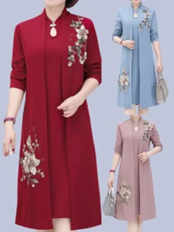 Women's Two Piece Dress Set Print Dress Outdoor Vacation Casual Print Midi Dress Stand Collar Long Sleeve Floral Loose Fit Pink Wine Blue Fall Winter XL XXL XXXL 4XL 5XL