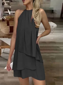 Women's Work Dress Chiffon Dress Black Dress Fashion Mini Dress Layered Crew Neck Sleeveless Plain Regular Fit Black White Pink Summer Spring S M L XL XXL -Party Prom Dresses Sales Store yexluf1686288637555
