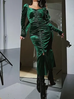 Women's Party Dress Velvet Dress Wedding Guest Dress Long Dress Maxi Dress Black Wine Blue Long Sleeve Pure Color Ruched Spring Fall Winter Square Neck Fashion Winter Dress Evening Party Wedding Guest