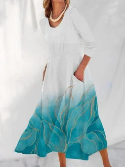 Women's Casual Dress Cotton Linen Dress Swing Dress Maxi Long Dress Polyester Fashion Casual Daily Outdoor Daily Vacation V Neck Pocket Print Long Sleeve Summer Spring Fall 2023 Loose Fit Light Green -Party Prom Dresses Sales Store yfoaio1690539143889