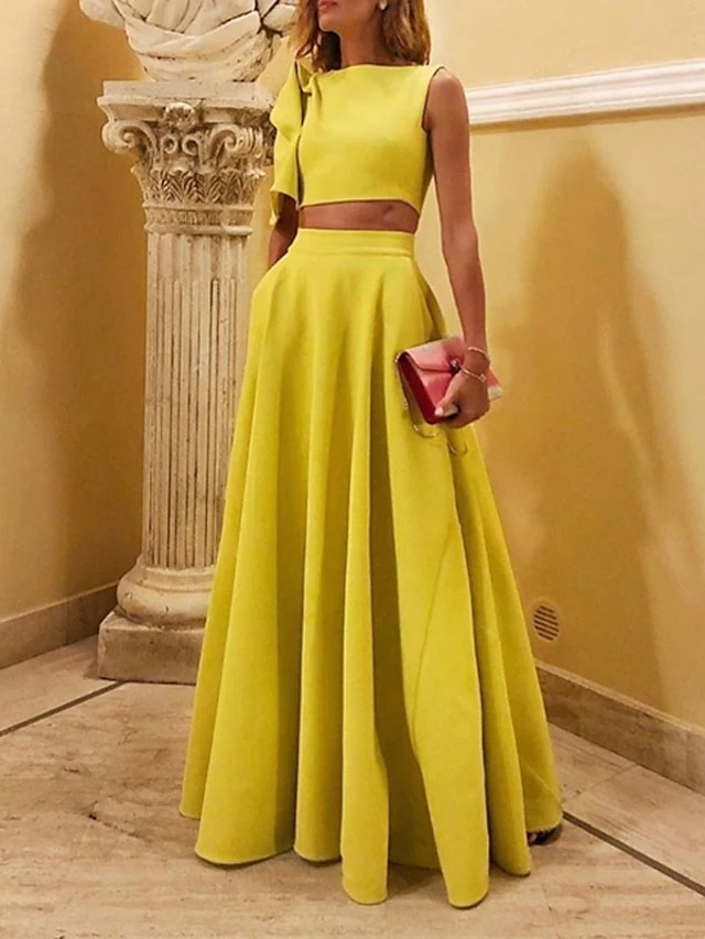 Women's Dress Set Two Piece Dress Swing Dress Long Dress Maxi Dress Yellow Short Sleeve Pure Color Ruffle Spring Summer Crew Neck Party Party 2023 S M L XL 1 Women's Dress Set Two Piece Dress Swing Dress Long Dress Maxi Dress Yellow Short Sleeve Pure Color Ruffle Spring Summer Crew Neck Party Party 2023 S M L XL