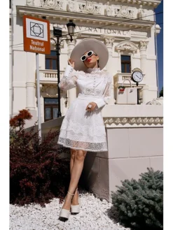 Women's Party Dress Lace Dress Homecoming Dress Mini Dress Black White Long Sleeve Pure Color Lace Summer Spring Fall Stand Collar Fashion Wedding Guest Birthday Vacation Slim 2023 S M L XL -Party Prom Dresses Sales Store yghzhr1689148837427