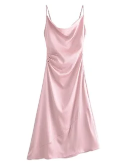 Women's Prom Dress Party Dress Satin Dress Midi Dress Yellow Pink Sleeveless Pure Color Ruched Fall Winter Autumn Spaghetti Strap Fashion Evening Party Vacation 2023 S M L -Party Prom Dresses Sales Store ygulni1695268632940