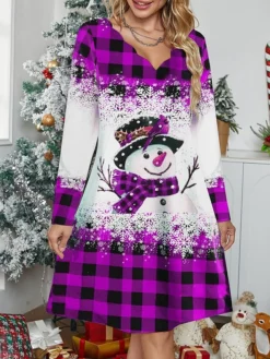 Women's Work Dress Casual Dress Fashion Winter Dress Christmas Daily Mini Dress Print V Neck Long Sleeve Plaid Snowman Regular Fit Red Blue Purple Fall Winter S M L XL XXL -Party Prom Dresses Sales Store ygwjad1696671832632