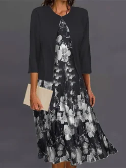 Women's Two Piece Dress Set Casual Dress Swing Dress Outdoor Office Fashion Streetwear Print Midi Dress Crew Neck 3/4 Length Sleeve Floral Regular Fit Black Purple Green Fall Winter S M L XL XXL -Party Prom Dresses Sales Store ygwtxm1695364271332