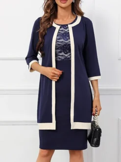 Women's Two Piece Dress Set Party Dress Lace Dress Party Office Fashion Elegant Lace Patchwork Midi Dress Crew Neck 3/4 Length Sleeve Plain Regular Fit Navy Blue Fall Winter S M L XL XXL
