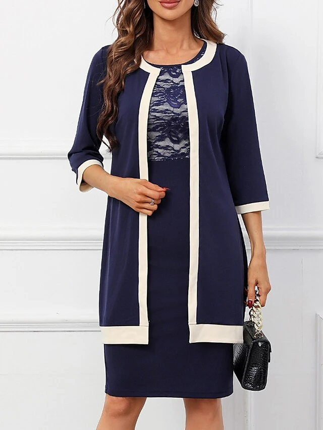 Women's Two Piece Dress Set Party Dress Lace Dress Party Office Fashion Elegant Lace Patchwork Midi Dress Crew Neck 3/4 Length Sleeve Plain Regular Fit Navy Blue Fall Winter S M L XL XXL 1 Women's Two Piece Dress Set Party Dress Lace Dress Party Office Fashion Elegant Lace Patchwork Midi Dress Crew Neck 3/4 Length Sleeve Plain Regular Fit Navy Blue Fall Winter S M L XL XXL