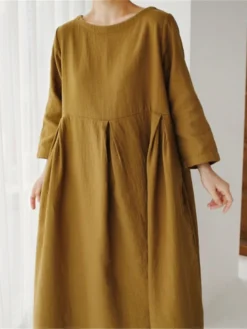 Women's Cotton Linen Dress Casual Dress Swing Dress Maxi Long Dress Cotton Blend Basic Classic Outdoor Daily Crew Neck Pocket Smocked Long Sleeve Summer Spring Fall 2023 Loose Fit Black Yellow Green -Party Prom Dresses Sales Store yhoeky1673850084132