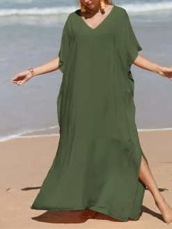 Women's White Dress A Line Dress Cover Up Long Dress Maxi Dress Cotton Basic Casual Outdoor Daily Vacation V Neck Split 3/4 Length Sleeve Summer Spring Fall 2022 Loose Fit Black White Yellow Plain -Party Prom Dresses Sales Store yhquyc1672828151933